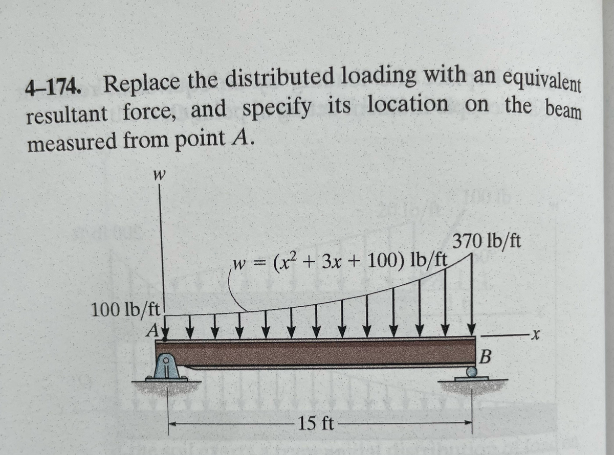 4-174. Replace the distributed loading with an equivalent
resultant force, and specify its location on the beam
measured from point A.
W
100 lb/ft
AT
w = (x² + 3x + 100) lb/ft
10
15 ft
370 lb/ft
B
-X