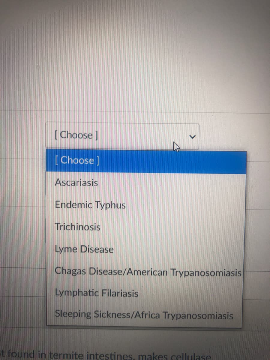 [ Choose ]
[Choose ]
Ascariasis
Endemic Typhus
Trichinosis
Lyme Disease
Chagas Disease/American Trypanosomiasis
Lymphatic Filariasis
Sleeping Sickness/Africa Trypanosomiasis
t found in termite intestines, makes cellulase
