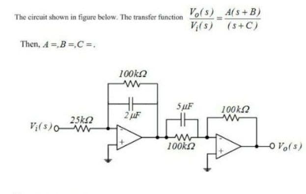 Vo(s)A(s+B)
V(s) (s+C)
The circuit shown in figure below. The transfer function
Then, A =,B ,C=.
100k2
5 µF
100k2
2 uF
25k2
Vi(s)0 W
100k2
O Vo(s)
