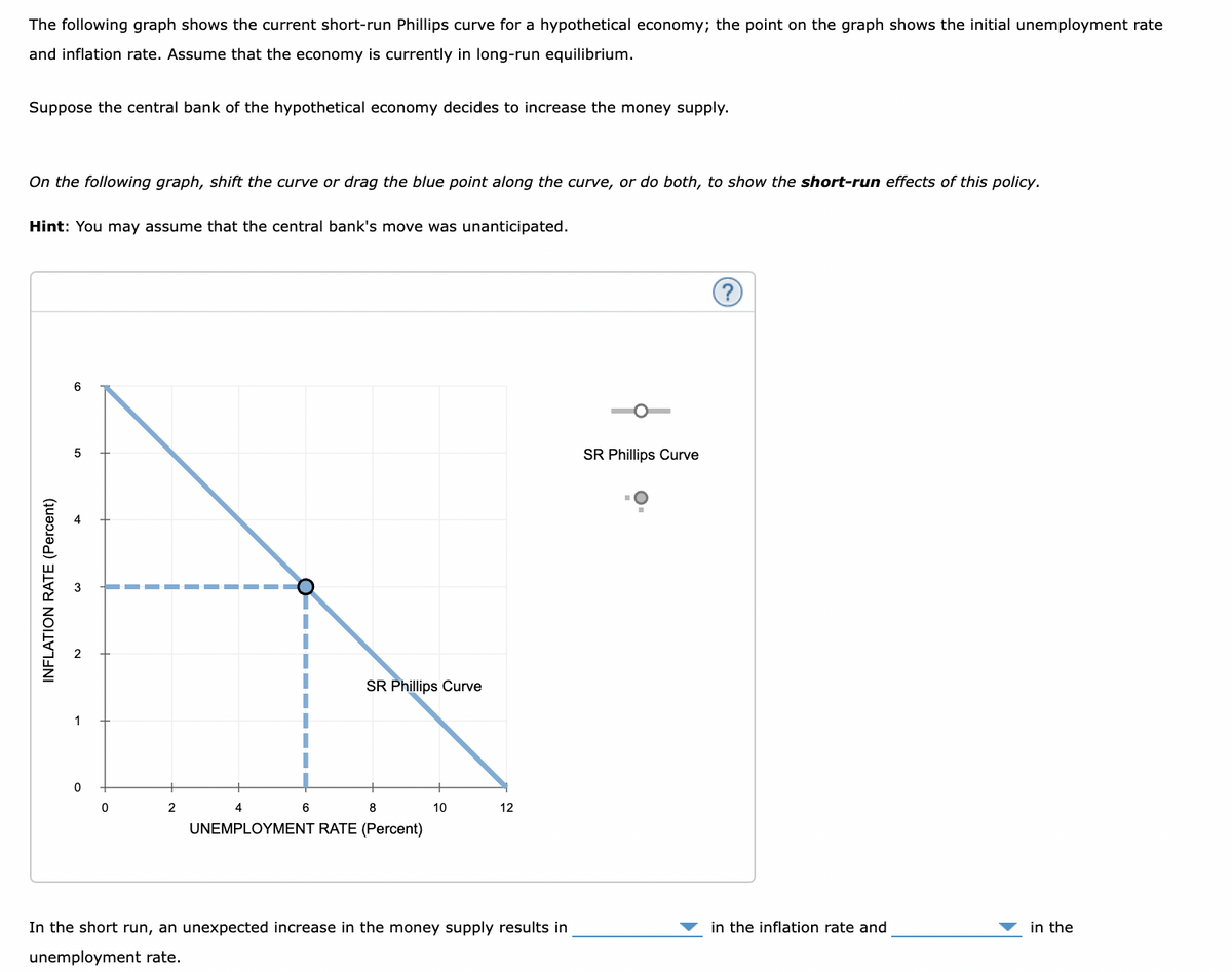 The following graph shows the current short-run Phillips curve for a hypothetical economy; the point on the graph shows the initial unemployment rate
and inflation rate. Assume that the economy is currently in long-run equilibrium.
Suppose the central bank of the hypothetical economy decides to increase the money supply.
On the following graph, shift the curve or drag the blue point along the curve, or do both, to show the short-run effects of this policy.
Hint: You may assume that the central bank's move was unanticipated.
SR Phillips Curve
SR Phillips Curve
1
2
6
8
10
12
UNEMPLOYMENT RATE (Percent)
In the short run, an unexpected increase in the money supply results in
in the inflation rate and
in the
unemployment rate.
INFLATION RATE (Percent)
