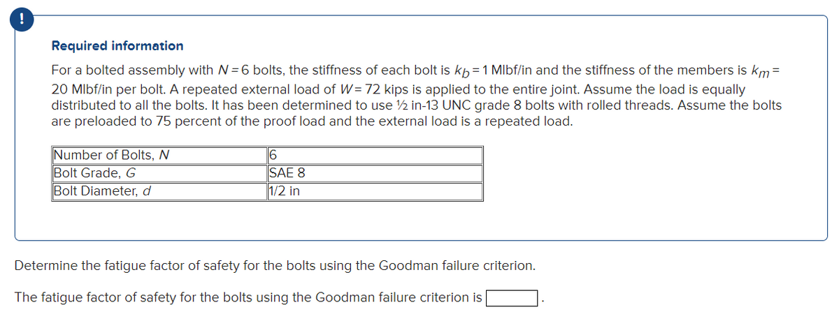 !
Required information
For a bolted assembly with N = 6 bolts, the stiffness of each bolt is kb=1 Mlbf/in and the stiffness of the members is km =
20 Mlbf/in per bolt. A repeated external load of W= 72 kips is applied to the entire joint. Assume the load is equally
distributed to all the bolts. It has been determined to use 1/2 in-13 UNC grade 8 bolts with rolled threads. Assume the bolts
are preloaded to 75 percent of the proof load and the external load is a repeated load.
Number of Bolts, N
Bolt Grade, G
Bolt Diameter, d
6
SAE 8
1/2 in
Determine the fatigue factor of safety for the bolts using the Goodman failure criterion.
The fatigue factor of safety for the bolts using the Goodman failure criterion is