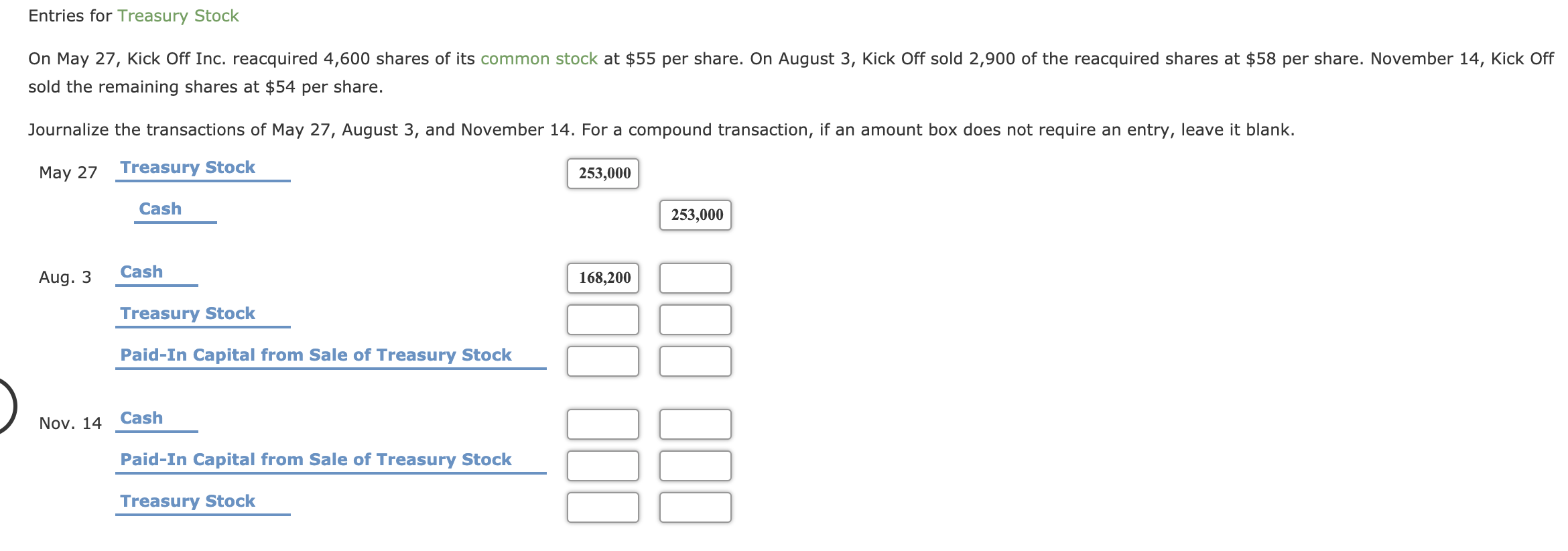 On May 27, Kick Off Inc. reacquired 4,600 shares of its common stock at $55 per share. On August 3, Kick Off sold 2,900 of the reacquired shares at $58 per share. November 14, Kick Off
sold the remaining shares at $54 per share.
Journalize the transactions of May 27, August 3, and November 14. For a compound transaction, if an amount box does not require an entry, leave it blank.
May 27
Treasury Stock
253,000
Cash
253,000
Cash
Aug. 3
168,200
Treasury Stock
Paid-In Capital from Sale of Treasury Stock
Nov. 14 Cash
Paid-In Capital from Sale of Treasury Stock
Treasury Stock
00
