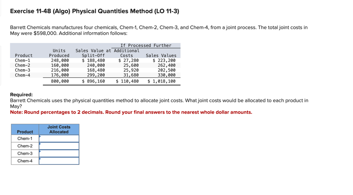 Exercise 11-48 (Algo) Physical Quantities Method (LO 11-3)
Barrett Chemicals manufactures four chemicals, Chem-1, Chem-2, Chem-3, and Chem-4, from a joint process. The total joint costs in
May were $598,000. Additional information follows:
If Processed Further
Product
Chem-1
Chem-2
Units
Produced
248,000
Sales Value at Additional
Split-Off
$ 188,480
Costs
Sales Values
$ 27,280
$ 223,200
160,000
240,000
25,600
262,400
Chem-3
216,000
Chem-4
176,000
168,480
299,200
25,920
31,680
202,500
330,000
800,000
$ 896,160
$ 110,480
$ 1,018,100
Required:
Barrett Chemicals uses the physical quantities method to allocate joint costs. What joint costs would be allocated to each product in
May?
Note: Round percentages to 2 decimals. Round your final answers to the nearest whole dollar amounts.
Joint Costs
Product
Allocated
Chem-1
Chem-2
Chem-3
Chem-4