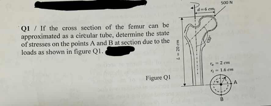 Q1 / If the cross section of the femur can be
approximated as a circular tube, determine the state
of stresses on the points A and B at section due to the
loads as shown in figure Q1.
T. = 2 cm
= 1.6 cm
%3D
Figure Q1
B
L 20 cm
