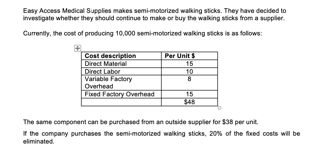 Easy Access Medical Supplies makes semi-motorized walking sticks. They have decided to
investigate whether they should continue to make or buy the walking sticks from a supplier.
Currently, the cost of producing 10,000 semi-motorized walking sticks is as follows:
Cost description
Per Unit $
Direct Material
15
Direct Labor
10
8
Variable Factory
Overhead
Fixed Factory Overhead
15
$48
The same component can be purchased from an outside supplier for $38 per unit.
If the company purchases the semi-motorized walking sticks, 20% of the fixed costs will be
eliminated.
