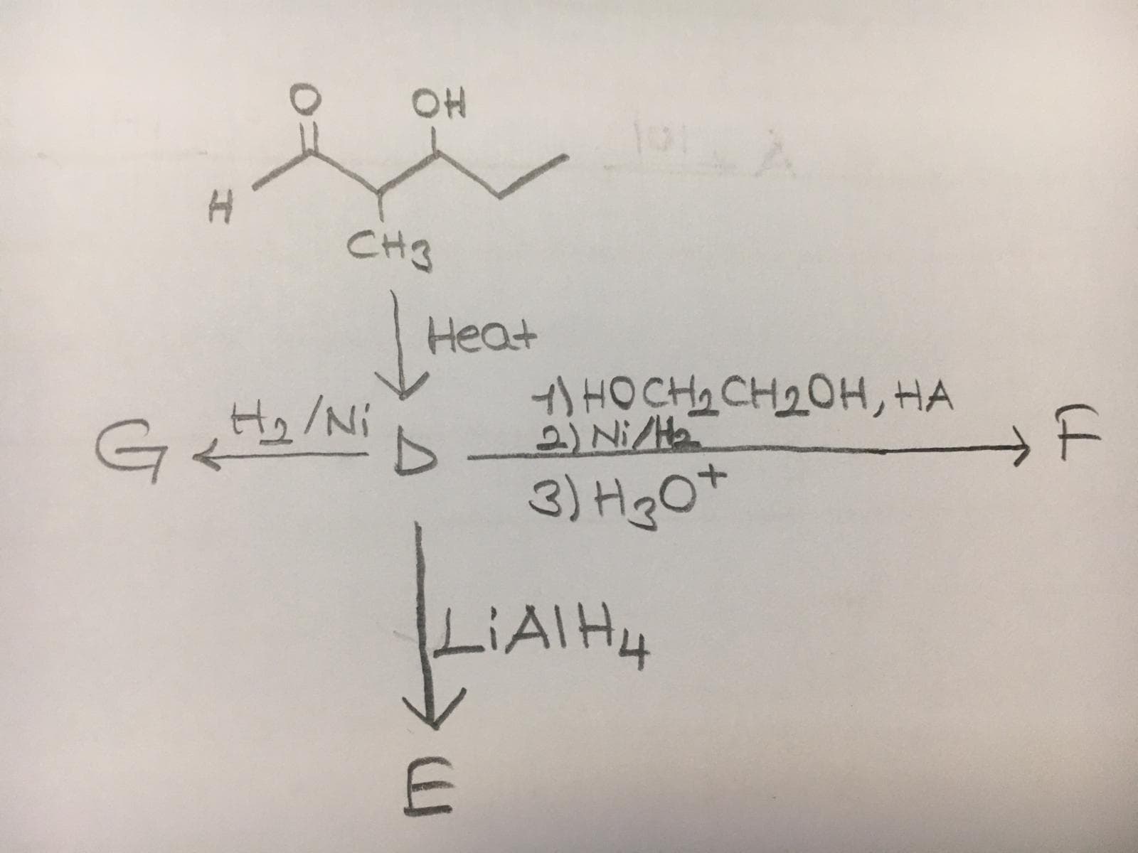 CH3
Heat
H2/Ni
t) HO CH2 CH20H, HA
2) Ni/H
3) Hg O*
LIAIH4
