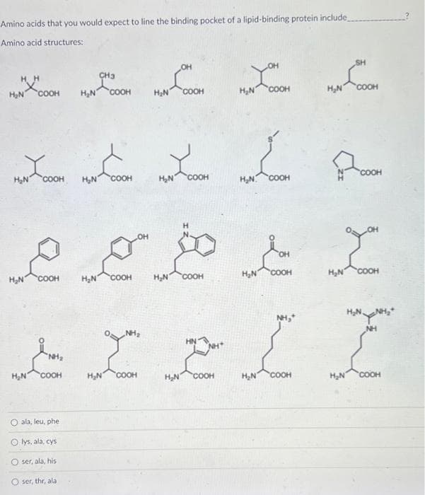 Amino acids that you would expect to line the binding pocket of a lipid-binding protein include_
Amino acid structures:
SH
nycoon
XOOOH
COOH
COOH
CH
H₂N COOH
H₂N
H₂N
Yaan
COOH
لی
کر لا م سكس
COOH
ala, leu, phe
Olys, ala, cys
O ser, ala, his
ser, thr, ala
H₂N
H₂N
م
H₂N
OH
COOH
COOH
HEN "
H₂N COOH
COOH
NH₂
H₂N COOH
COOH
H₂N
HN
H₂N
H₂N
COOH
OH
COOH
H₂N
COOH
COOH
عمر کے محمد
you
H₂N COOH
NH
H₂N COOH