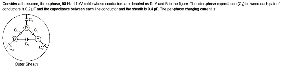 Consider a three-core, three-phase, 50 Hz, 11 kV cable whose conductors are denoted as R, Y and B in the figure. The inter-phase capacitance (C₁) between each pair of
conductors is 0.2 µF and the capacitance between each line conductor and the sheath is 0.4 µF. The per-phase charging current is
C₂
HE
C₁
,C₁
Outer Sheath