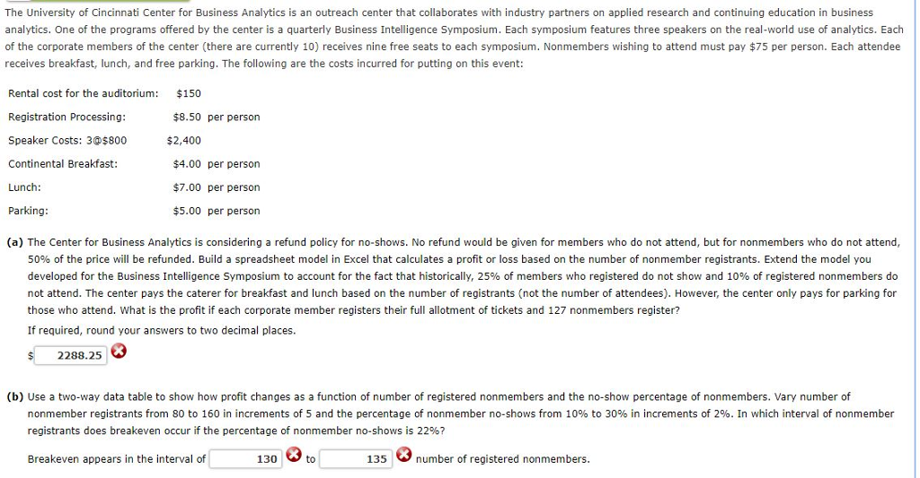The University of Cincinnati Center for Business Analytics is an outreach center that collaborates with industry partners on applied research and continuing education in business
analytics. One of the programs offered by the center is a quarterly Business Intelligence Symposium. Each symposium features three speakers on the real-world use of analytics. Each
of the corporate members of the center (there are currently 10) receives nine free seats to each symposium. Nonmembers wishing to attend must pay $75 per person. Each attendee
receives breakfast, lunch, and free parking. The following are the costs incurred for putting on this event:
Rental cost for the auditorium:
$150
Registration Processing:
$8.50 per person
Speaker Costs: 3@$800
$2,400
Continental Breakfast:
$4.00 per person
Lunch:
$7.00 per person
Parking:
$5.00 per person
(a) The Center for Business Analytics is considering a refund policy for no-shows. No refund would be given for members who do not attend, but for nonmembers who do not attend,
50% of the price will be refunded. Build a spreadsheet model in Excel that calculates a profit or loss based on the number of nonmember registrants. Extend the model you
developed for the Business Intelligence Symposium to account for the fact that historically, 25% of members who registered do not show and 10% of registered nonmembers do
not attend. The center pays the caterer for breakfast and lunch based on the number of registrants (not the number of attendees). However, the center only pays for parking for
those who attend. What is the profit if each corporate member registers their full allotment of tickets and 127 nonmembers register?
If required, round your answers to two decimal places.
$
2288.25
(b) Use a two-way data table to show how profit changes as a function of number of registered nonmembers and the no-show percentage of nonmembers. Vary number of
nonmember registrants from 80 to 160 in increments of 5 and the entage of nonmember no-shows from 10% to 30% in increments of 2%. In which interval of nonmember
registrants does breakeven occur if the percentage of nonmember no-shows is 22%?
Breakeven appears in the interval of
130
to
135 number of registered nonmembers.