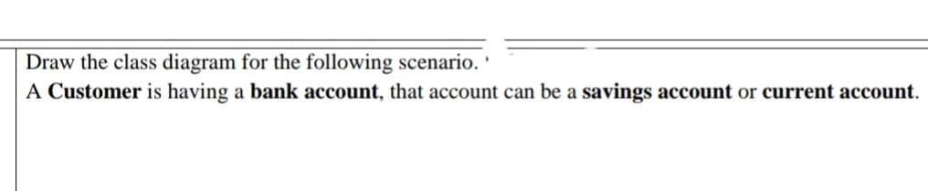 Draw the class diagram for the following scenario. '
A Customer is having a bank account, that account can be a savings account or current account.
