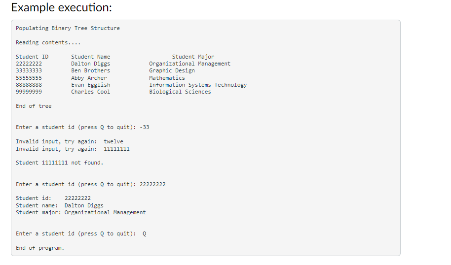 Example execution:
Populating Binary Tree Structure
Reading contents....
Student ID
Student Name
22222222
33333333
55555555
Dalton Diggs
Ben Brothers
Abby Archer
88888888
99999999
End of tree
Evan Egglish
Charles Cool
Student Major
Organizational Management
Graphic Design
Mathematics
Information Systems Technology
Biological Sciences
Enter a student id (press Q to quit): -33
Invalid input, try again:
Invalid input, try again:
twelve
11111111
Student 11111111 not found.
Enter a student id (press Q to quit): 22222222
Student id:
22222222
Student name: Dalton Diggs
Student major: Organizational Management
Enter a student id (press Q to quit): Q
End of program.