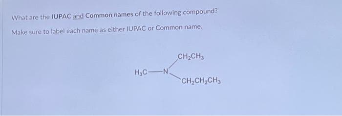 What are the IUPAC and Common names of the following compound?
Make sure to label each name as either IUPAC or Common name.
CH2CH3
H,C-N
CH,CH,CH3
