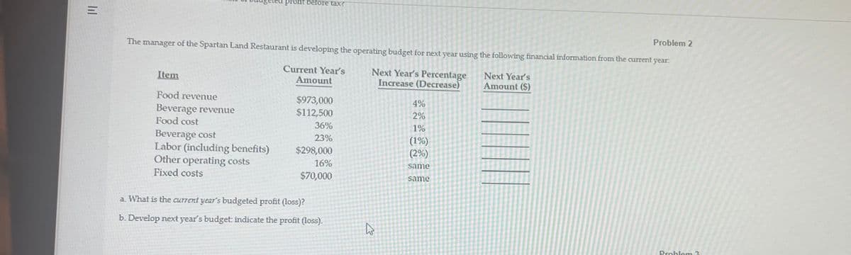 lil
pront before tax?
Problem 2
The manager of the Spartan Land Restaurant is developing the operating budget for next year using the following financial information from the current year:
Item
Food revenue
Beverage revenue
Food cost
Current Year's
Amount
$973,000
$112,500
Next Year's Percentage
Increase (Decrease)
4%
2%
Next Year's
Amount ($)
EITI
Beverage cost
Labor (including benefits)
Other operating costs
Fixed costs
36%
23%
$298,000
1%
(1%)
(2%)
16%
same
$70,000
same
a. What is the current year's budgeted profit (loss)?
b. Develop next year's budget indicate the profit (loss).
R
Problem