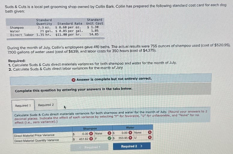 Suds & Cuts is a local pet grooming shop owned by Collin Bark. Collin has prepared the following standard cost card for each dog
bath given:
Shampoo
Water
Standard
Quantity
2.3 oz.
21 gal.
Direct labor 1.35 hr.
Standard Rate
$ 0.60 per oz.
$ 0.05 per gal.
$11.00 per hr.
Standard
Unit Cost
$ 1.38
1.05
14.85
During the month of July, Collin's employees gave 410 baths. The actual results were 755 ounces of shampoo used (cost of $520.95),
7,100 gallons of water used (cost of $639), and labor costs for 350 hours (cost of $4,375).
Required:
1. Calculate Suds & Cuts direct materials variances for both shampoo and water for the month of July.
2. Calculate Suds & Cuts direct labor variances for the month of July
Answer is complete but not entirely correct.
Complete this question by entering your answers in the tabs below.
Required 1
Required 2
Calculate Suds & Cuts direct materials variances for both shampoo and water for the month of July. (Round your answers to 2
decimal places. Indicate the effect of each variance by selecting "F" for favorable, "U" for unfavorable, and "None" for no
effect (I.e., zero variance).)
Shampoo
Water
Direct Material Price Variance
$
0.00 None
$
0.00
None
Direct Material Quantity Variance
$
451.62 F
$
353.95 U
Required 1
Required 2 >