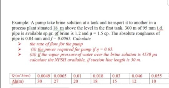 Example: A pump take brine solution at a tank and transport it to another in a
process plant situated 18 m above the level in the first tank. 300 m of 95 mm i.d.
pipe is available sp.gr. of brine is 1.2 and µ = 1.5 cp. The absolute roughness of
pipe is 0.04 mm and f= 0.0065. Calculate
the rate of flow for the pump
(i) the power required for pump if ŋ = 0.65.
(ii) if the vapor pressure of water over the brine solution is 4530 pa
calculate the NPSH available, if suction line length is 30 m.
Q (m^3/sec)
Ah(m)
0.0049 0,0065
0.01
0.018
0.03
0.046
0.055
30
27
20
18
15
12
10
