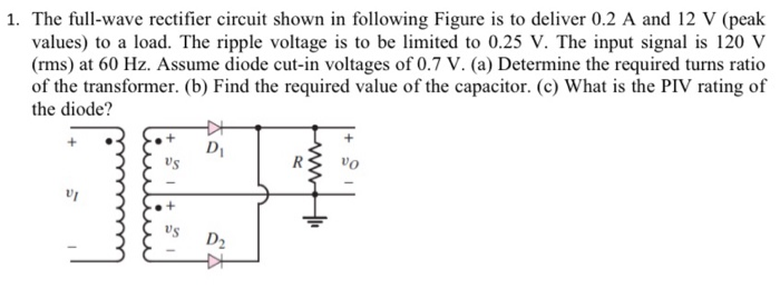 1. The full-wave rectifier circuit shown in following Figure is to deliver 0.2 A and 12 V (peak
values) to a load. The ripple voltage is to be limited to 0.25 V. The input signal is 120 V
(rms) at 60 Hz. Assume diode cut-in voltages of 0.7 V. (a) Determine the required turns ratio
of the transformer. (b) Find the required value of the capacitor. (c) What is the PIV rating of
the diode?
vo
D2
