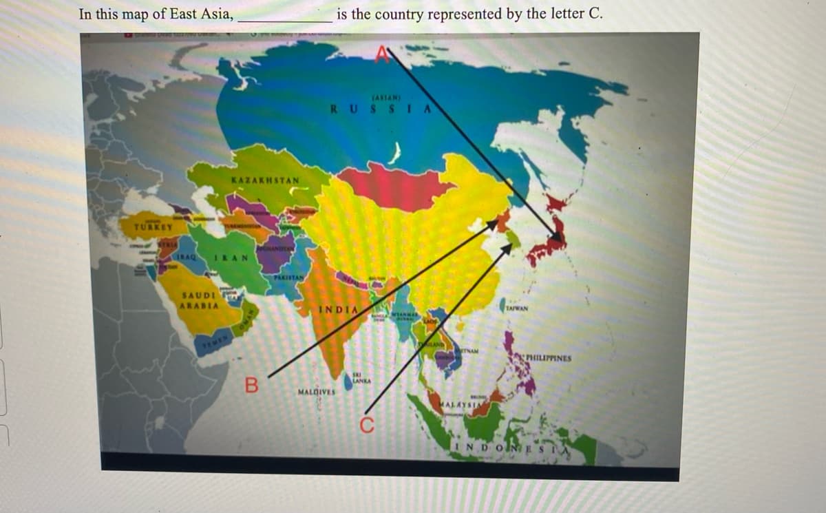 In this map of East Asia,
TURKEY
SYRIA
IRAQ IRAN
SAUDI
ARABIA
KAZAKHSTAN
TEMEN
B
PAKISTA
is the country represented by the letter C.
(ASIAN)
RUSSIA
MALDIVES
BUVO
03
INDIA THAY
581
LANKA
MELAMAR
TNAM
MALAYSIA
TAIWAN
INDON
PHILIPPINES