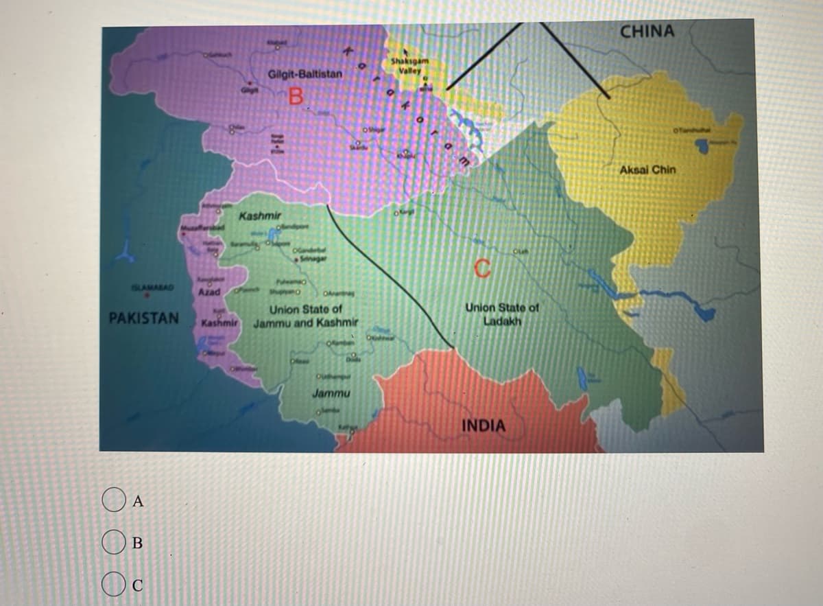 ISLAMABAD
O A
PAKISTAN Kashmir
B
Azad
Oc
Gilight
aty
Gilgit-Baltistan
B
Kashmir
Olandebel
Srinagar
Nemo
Shipping
O
O
946
Union State of
Jammu and Kashmir
Opthemper
Jammu
olende
OS
bod
Shaksgam
Valley
akor a m
KA
olay
C
Union State of
Ladakh
INDIA
CHINA
Aksai Chin