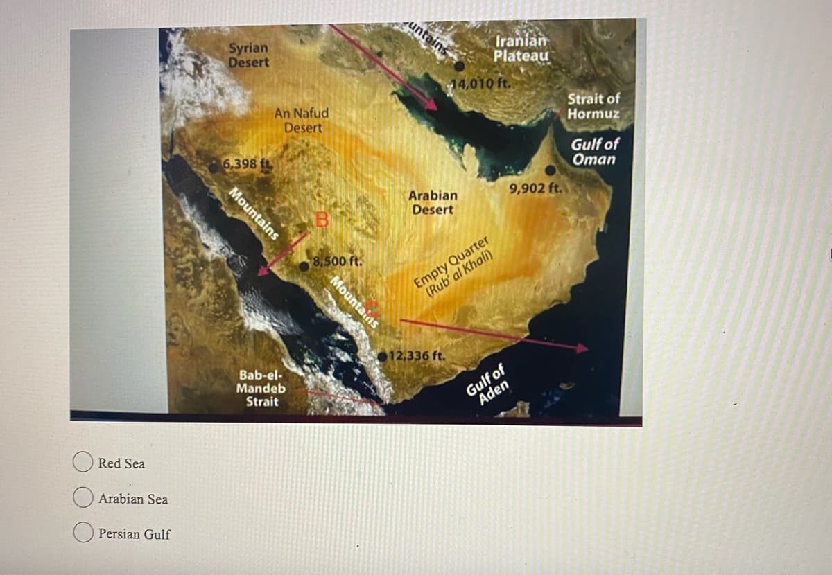Red Sea
Arabian Sea
Persian Gulf
Syrian
Desert
6,398 ft.
Mountains
An Nafud
Desert
Bab-el-
Mandeb
Strait
8,500 ft.
Mountains
untains
Arabian
Desert
Iranian
Plateau
14,010 ft.
12,336 ft.
Empty Quarter
(Rub' al Khali)
9,902 ft.
Gulf of
Aden
Strait of
Hormuz
Gulf of
Oman