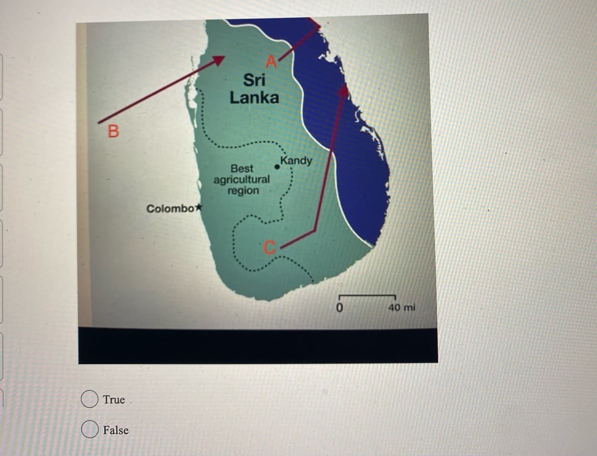 B
True
False
Colombox
A
Sri
Lanka
Best
agricultural
region
Kandy
40 mi