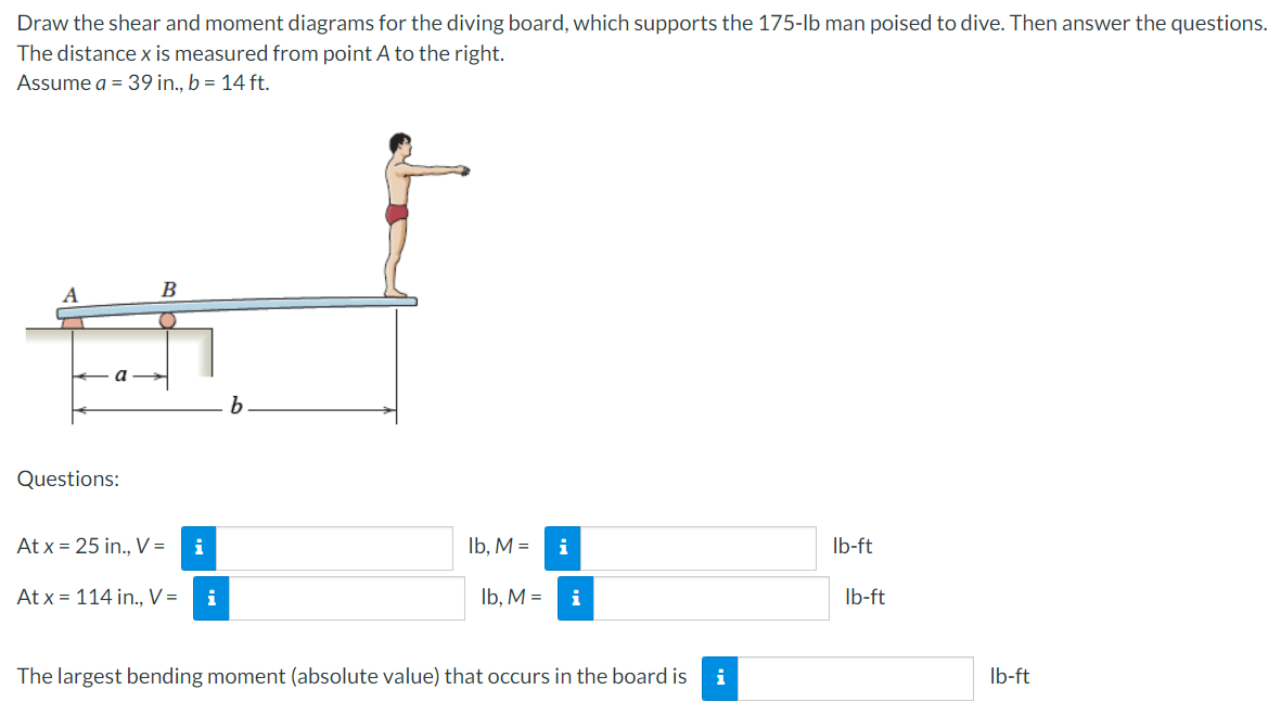 Draw the shear and moment diagrams for the diving board, which supports the 175-lb man poised to dive. Then answer the questions.
The distance x is measured from point A to the right.
Assume a = 39 in., b = 14 ft.
A
В
Questions:
At x = 25 in., V =
i
Ib, M =
i
Ib-ft
At x = 114 in., V =
i
Ib, M =
i
Ib-ft
The largest bending moment (absolute value) that occurs in the board is
i
Ib-ft
