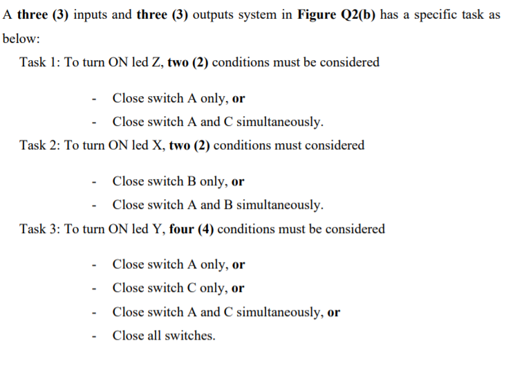 A three (3) inputs and three (3) outputs system in Figure Q2(b) has a specific task as
below:
Task 1: To turn ON led Z, two (2) conditions must be considered
Close switch A only, or
Close switch A and C simultaneously.
Task 2: To turn ON led X, two (2) conditions must considered
Close switch B only, or
Close switch A and B simultaneously.
Task 3: To turn ON led Y, four (4) conditions must be considered
Close switch A only, or
Close switch C only, or
Close switch A and C simultaneously, or
Close all switches.
