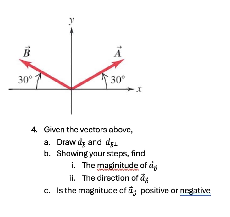 B
Ā
30°
30°
X
4. Given the vectors above,
a. Draw a and
b. Showing your steps, find
i. The magnitude of a
ii. The direction of a
c. Is the magnitude of a positive or negative