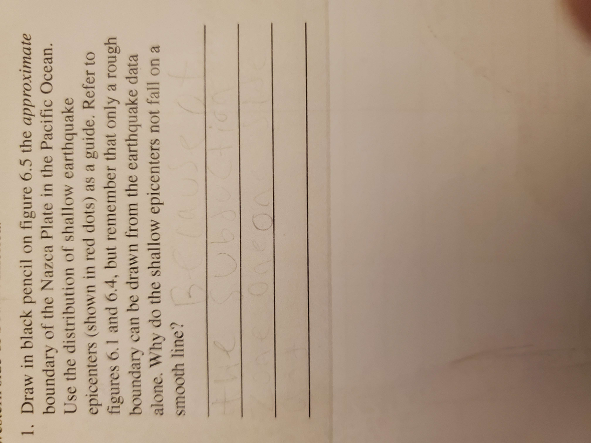 1. Draw in black pencil on figure 6.5 the approximate
boundary of the Nazca Plate in the Pacific Ocean.
Use the distribution of shallow earthquake
epicenters (shown in red dots) as a guide. Refer to
figures 6.1 and 6.4, but remember that only a rough
boundary can be drawn from the earthquake data
alone. Why do the shallow epicenters not fall on a
smooth line?
e
the