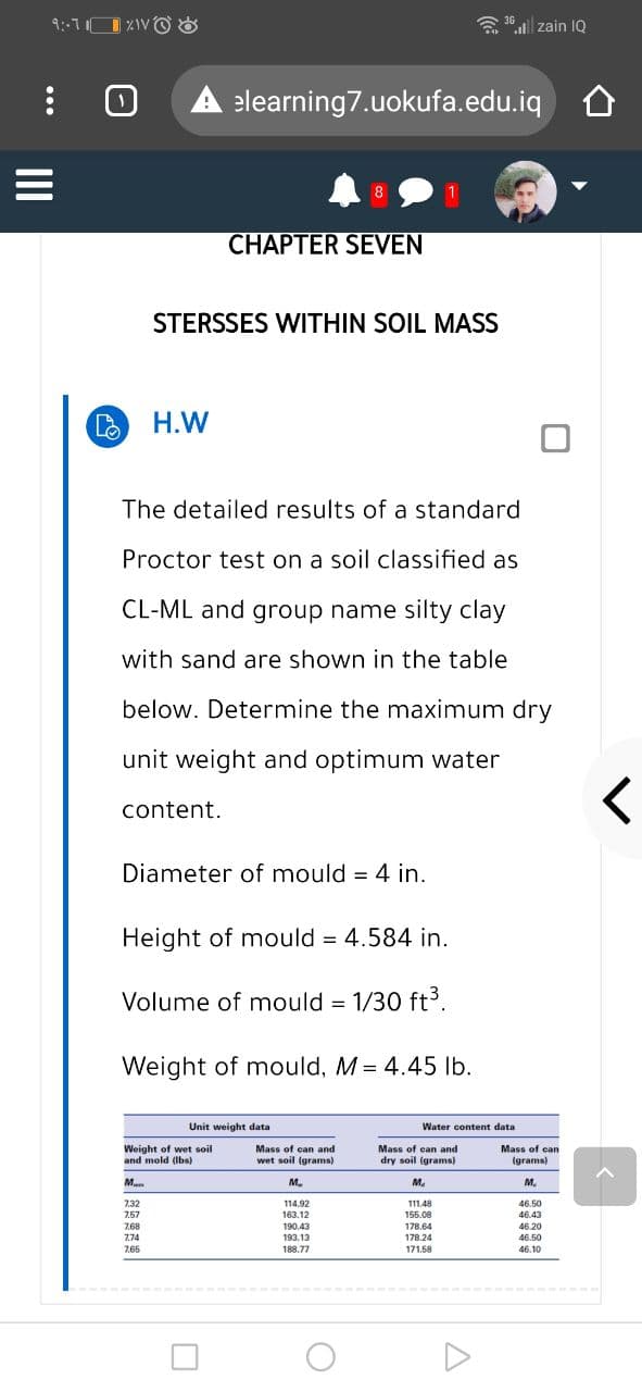 a .l zain IQ
elearning7.uokufa.edu.iq
CHAPTER SEVEN
STERSSES WITHIN SOIL MASS
Н.W
The detailed results of a standard
Proctor test on a soil classified as
CL-ML and group name silty clay
with sand are shown in the table
below. Determine the maximum dry
unit weight and optimum water
content.
Diameter of mould = 4 in.
Height of mould 4.584 in.
Volume of mould = 1/30 ft3.
Weight of mould, M = 4.45 lb.
Unit weight data
Water content data
Weight of wet soil
and mold (Ibs)
Mass of can and
wet soil (grams)
Mass of can and
dry soil (grams)
Mass of can
(grams)
M.
M.
M.
7.32
114.92
111.48
7,57
163.12
155.08
7.68
190.43
178.64
46.20
193.13
178.24
46.50
7.65
188.77
171.58
46.10
II

