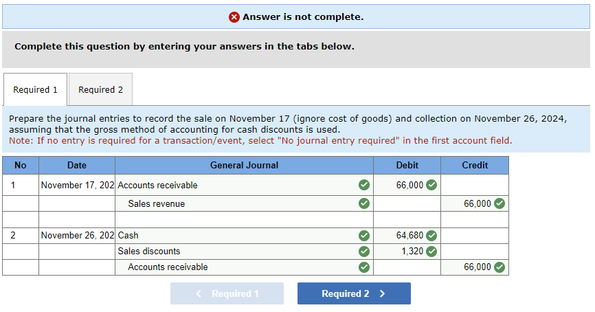 Complete this question by entering your answers in the tabs below.
Required 1 Required 2
Prepare the journal entries to record the sale on November 17 (ignore cost of goods) and collection on November 26, 2024,
assuming that the gross method of accounting for cash discounts is used.
Note: If no entry is required for a transaction/event, select "No journal entry required" in the first account field.
No
1
2
Date
November 17, 202 Accounts receivable
Sales revenue
November 26, 202 Cash
Answer is not complete.
Sales discounts
Accounts receivable
General Journal
< Required 1
Required 2 >
Debit
66,000
64,680
1,320
Credit
66,000
66,000