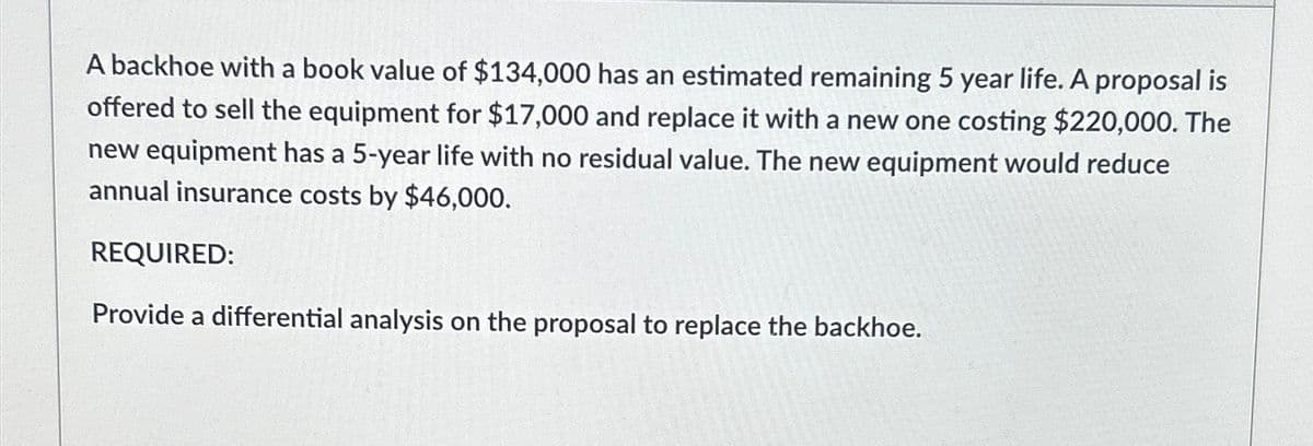 A backhoe with a book value of $134,000 has an estimated remaining 5 year life. A proposal is
offered to sell the equipment for $17,000 and replace it with a new one costing $220,000. The
new equipment has a 5-year life with no residual value. The new equipment would reduce
annual insurance costs by $46,000.
REQUIRED:
Provide a differential analysis on the proposal to replace the backhoe.