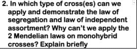 2. In which type of cross(es) can we
apply and demonstrate the law of
segregation and law of independent
assortment? Why can't we apply the
2 Mendelian laws on monohybrid
crosses? Explain briefly
