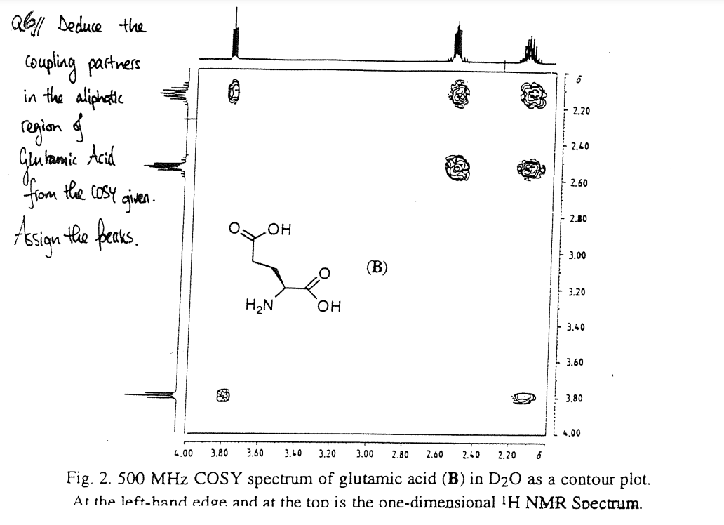 all Deduce the
Coupling partners
in the aliphatic
region of
Acid
Glutamic
from the cosy given.
Assign the peaks.
8
503)
OH
H₂N
OH
(B)
6
2.20
2.40
2.60
2.80
3.00
3.20
3.40
3.60
3.80
4.00
4.00 3.80 3.60 3.40 3.20 3.00 2.80 2.60 2.60 2.20 6
Fig. 2. 500 MHz COSY spectrum of glutamic acid (B) in D₂O as a contour plot.
At the left-hand edge and at the top is the one-dimensional ¹H NMR Spectrum.