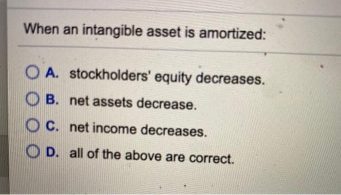 When an intangible asset is amortized:
OA. stockholders' equity decreases.
OB. net assets decrease.
C. net income decreases.
D. all of the above are correct.