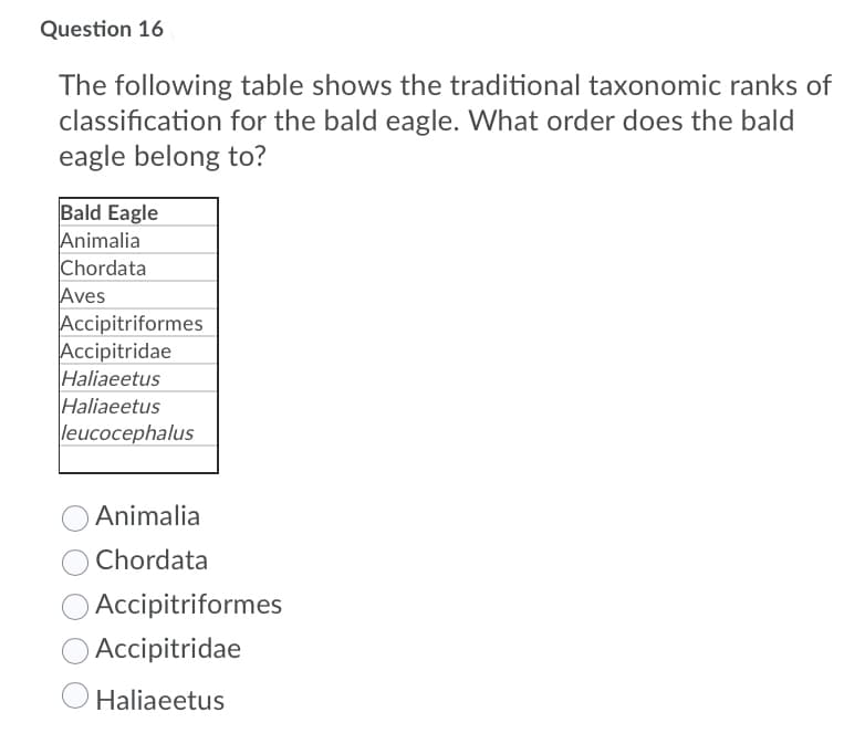 Question 16
The following table shows the traditional taxonomic ranks of
classification for the bald eagle. What order does the bald
eagle belong to?
Bald Eagle
Animalia
Chordata
Aves
Accipitriformes
Accipitridae
Haliaeetus
Haliaeetus
leucocephalus
Animalia
Chordata
OAccipitriformes
Accipitridae
Haliaeetus
