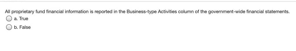 All proprietary fund financial information is reported in the Business-type Activities column of the government-wide financial statements.
a. True
O b. False
