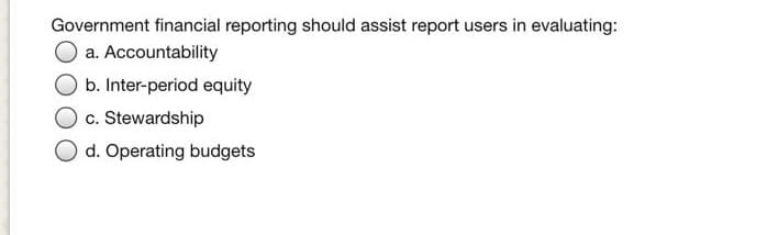 Government financial reporting should assist report users in evaluating:
a. Accountability
b. Inter-period equity
c. Stewardship
d. Operating budgets
