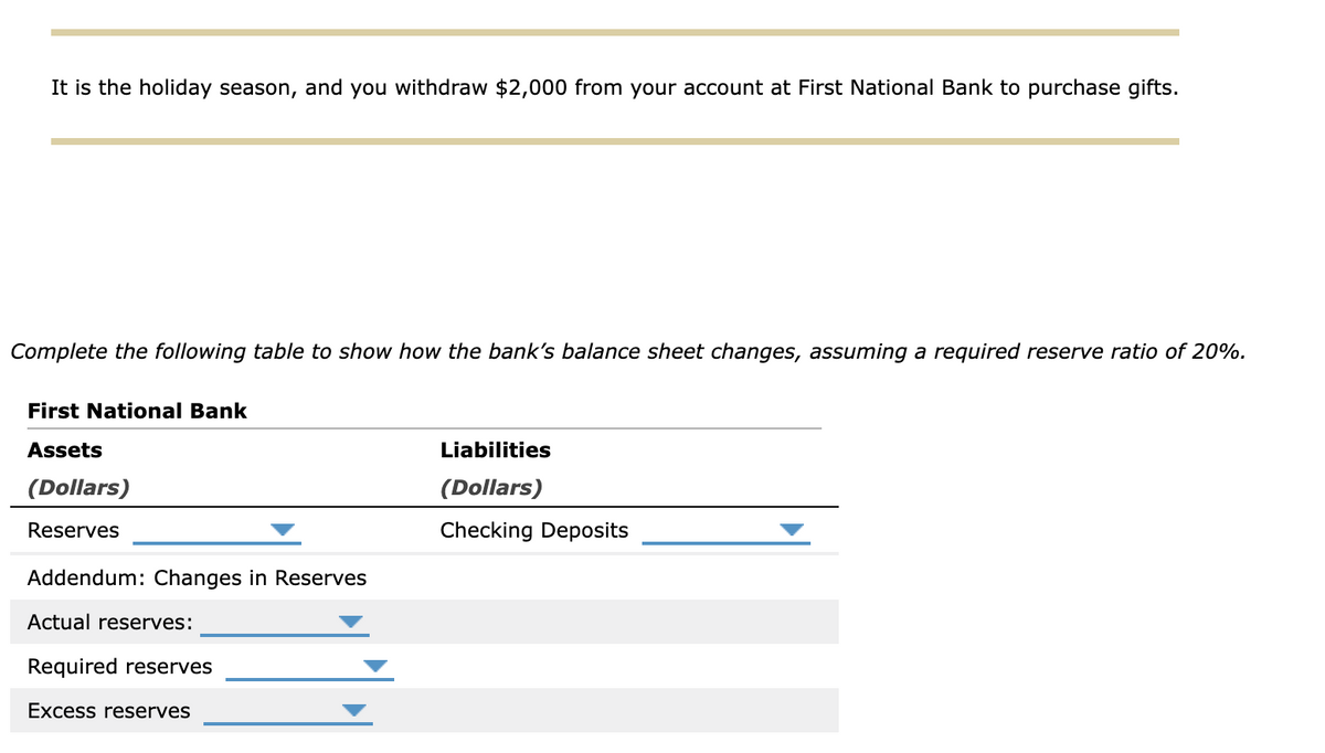 It is the holiday season, and you withdraw $2,000 from your account at First National Bank to purchase gifts.
Complete the following table to show how the bank's balance sheet changes, assuming a required reserve ratio of 20%.
First National Bank
Assets
(Dollars)
Reserves
Addendum: Changes in Reserves
Actual reserves:
Liabilities
(Dollars)
Checking Deposits
Required reserves
Excess reserves