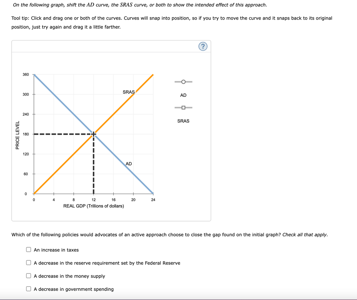 On the following graph, shift the AD curve, the SRAS curve, or both to show the intended effect of this approach.
Tool tip: Click and drag one or both of the curves. Curves will snap into position, so if you try to move the curve and it snaps back to its original
position, just try again and drag it a little farther.
PRICE LEVEL
360
360
300
SRAS
AD
240
180
120
60
60
0
0
4
8
12
16
REAL GDP (Trillions of dollars)
AD
20
20
24
SRAS
?
Which of the following policies would advocates of an active approach choose to close the gap found on the initial graph? Check all that apply.
An increase in taxes
A decrease in the reserve requirement set by the Federal Reserve
A decrease in the money supply
A decrease in government spending