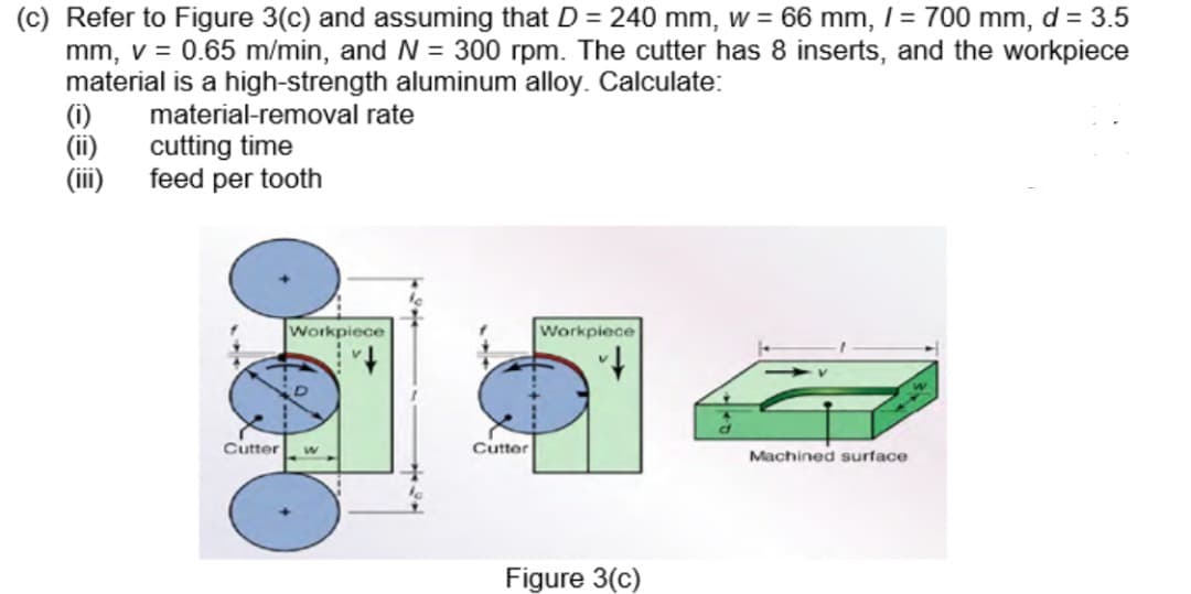 (c) Refer to Figure 3(c) and assuming that D = 240 mm, w = 66 mm, I = 700 mm, d = 3.5
mm, v = 0.65 m/min, and N = 300 rpm. The cutter has 8 inserts, and the workpiece
material is a high-strength aluminum alloy. Calculate:
(i)
(ii)
(iii) feed per tooth
material-removal rate
cutting time
Workpiece
Workpiece
Cutter
Cutter
Machined surface
Figure 3(c)
