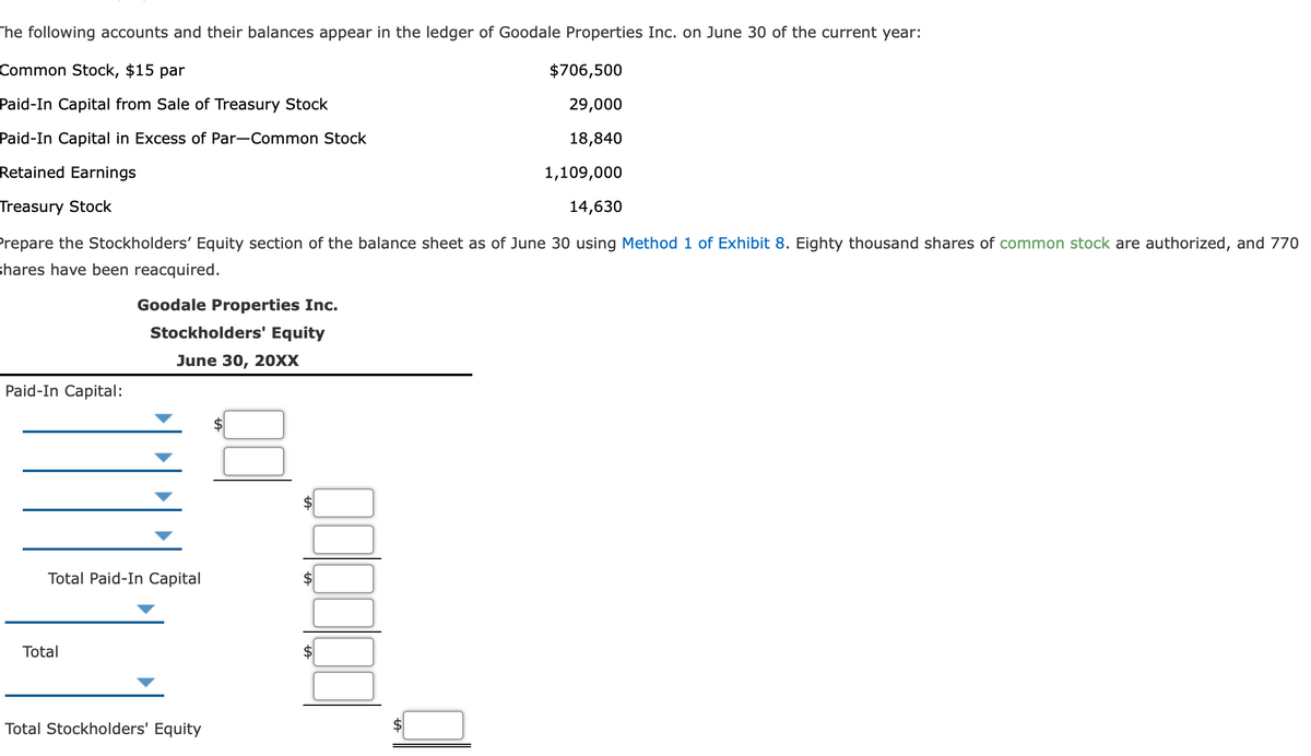 The following accounts and their balances appear in the ledger of Goodale Properties Inc. on June 30 of the current year:
Common Stock, $15 par
$706,500
Paid-In Capital from Sale of Treasury Stock
29,000
Paid-In Capital in Excess of Par-Common Stock
18,840
Retained Earnings
1,109,000
Treasury Stock
14,630
Prepare the Stockholders' Equity section of the balance sheet as of June 30 using Method 1 of Exhibit 8. Eighty thousand shares of common stock are authorized, and 770
shares have been reacquired.
Goodale Properties Inc.
Stockholders' Equity
June 30, 20хх
Paid-In Capital:
Total Paid-In Capital
$4
Total
Total Stockholders' Equity
