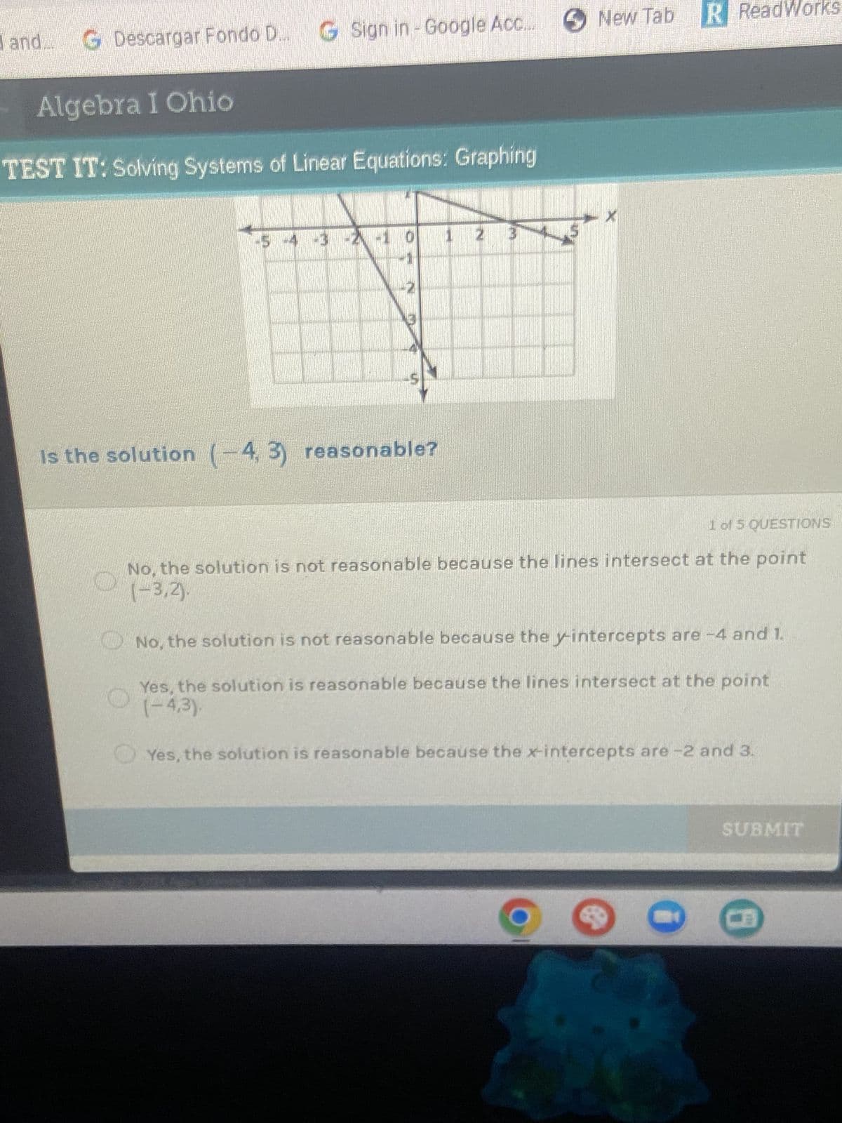 and... G Descargar Fondo D... G Sign in Google Acc...
New Tab R ReadWorks
Algebra I Ohio
TEST IT: Solving Systems of Linear Equations: Graphing
5 -4
-2-1 0
1 2 3
Is the solution (-4, 3) reasonable?
1 of 5 QUESTIONS
No, the solution is not reasonable because the lines intersect at the point
(-3,2).
No, the solution is not reasonable because the y-intercepts are -4 and 1.
Yes, the solution is reasonable because the lines intersect at the point
(-4,3).
Yes, the solution is reasonable because the x-intercepts are -2 and 3.
SUBMIT