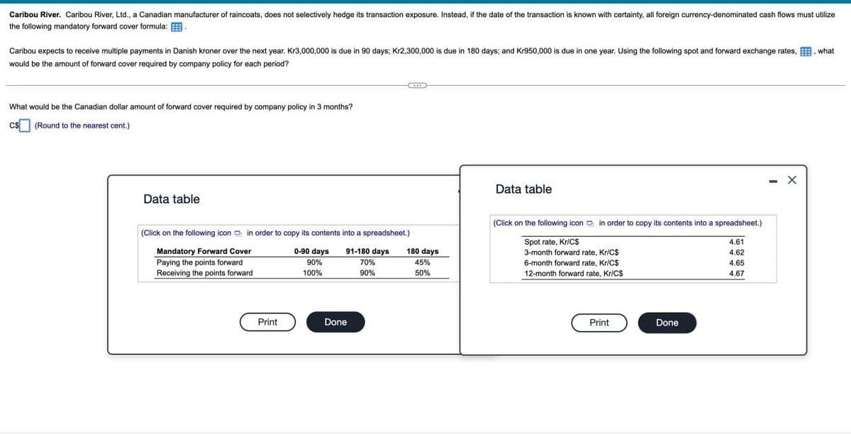 Caribou River. Caribou River, Ltd., a Canadian manufacturer of raincoats, does not selectively hedge its transaction exposure. Instead, if the date of the transaction is known with certainty, all foreign currency-denominated cash flows must utilize
the following mandatory forward cover formula:
Caribou expects to receive multiple payments in Danish kroner over the next year. Kr3,000,000 is due in 90 days; Kr2,300,000 is due in 180 days; and Kr950,000 is due in one year. Using the following spot and forward exchange rates,
would be the amount of forward cover required by company policy for each period?
what
What would be the Canadian dollar amount of forward cover required by company policy in 3 months?
C$ (Round to the nearest cent.)
Data table
Data table
(Click on the following icon in order to copy its contents into a spreadsheet.)
(Click on the following icon in order to copy its contents into a spreadsheet.)
Spot rate, Kr/C$
4.61
Mandatory Forward Cover
Paying the points forward
Receiving the points forward
0-90 days
90%
100%
91-180 days
70%
180 days
45%
3-month forward rate, Kr/C$
4.62
90%
50%
6-month forward rate, Kr/C$
12-month forward rate, Kr/CS
4.65
4.67
Print
Done
Print
Done