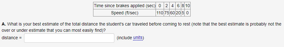 Time since brakes applied (sec) o 2 4 68 10
Speed (ft/sec)
110 75 60 205 0
A. What is your best estimate of the total distance the student's car traveled before coming to rest (note that the best estimate is probably not the
over or under estimate that you can most easily find)?
distance =
(include units)
