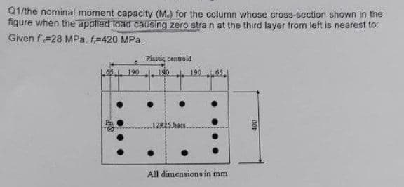 Q1/the nominal moment capacity (M.) for the column whose cross-section shown in the
figure when the applied load causing zero strain at the third layer from left is nearest to:
Given f=28 MPa, f=420 MPa.
Plastic, centroid
190
190 190
1225 baca.
All dimensions in mm
400