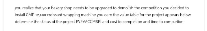 you realize that your bakery shop needs to be upgraded to demolish the competition you decided to
install CME 12,000 croissant wrapping machine you earn the value table for the project appears below
determine the status of the project PVEVACCPISPI and cost to completion and time to completion