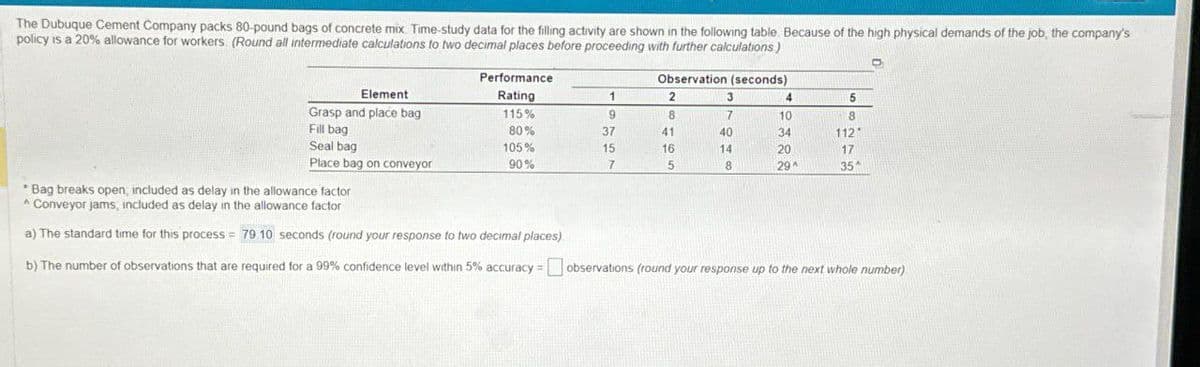 The Dubuque Cement Company packs 80-pound bags of concrete mix. Time-study data for the filling activity are shown in the following table. Because of the high physical demands of the job, the company's
policy is a 20% allowance for workers (Round all intermediate calculations to two decimal places before proceeding with further calculations)
Element
Grasp and place bag
Performance
Rating
Observation (seconds)
1
2
3
4
5
115%
9
8
7
10
8
Fill bag
80%
37
41
40
34
1121
Seal bag
105%
15
16
14
20
17
Place bag on conveyor
90%
7
5
8
29
35^
Bag breaks open; included as delay in the allowance factor
* Conveyor jams, included as delay in the allowance factor
a) The standard time for this process = 79 10 seconds (round your response to two decimal places)
b) The number of observations that are required for a 99% confidence level within 5% accuracy observations (round your response up to the next whole number)