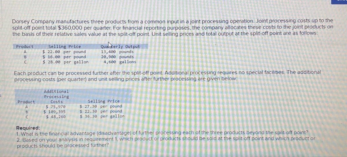 Dorsey Company manufactures three products from a common input in a joint processing operation. Joint processing costs up to the
split-off point total $360,000 per quarter. For financial reporting purposes, the company allocates these costs to the joint products on
the basis of their relative sales value at the split-off point. Unit selling prices and total output at the split-off point are as follows.
Product
Selling Price
Quarterly Output
A
$ 22.00 per pound
13,400 pounds
B
$ 16.00 per pound
20,900 pounds
C
$ 28.00 per gallon
4,600 gallons
Each product can be processed further after the split-off point. Additional processing requires no special facilities. The additional
processing costs (per quarter) and unit selling prices after further processing are given below.
Product
Additional
Processing
Costs
$ 75,970
Selling Price
$ 27.30 per pound
$ 22.30 per pound
A
B
$ 109,395
C
$ 48,260
$ 36.30 per gallon
Required:
1. What is the financial advantage (disadvantage) of further processing each of the three products beyond the split-off point?
2. Based on your analysis in requirement 1, which product or products should be sold at the split-off point and which product or
products should be processed further?