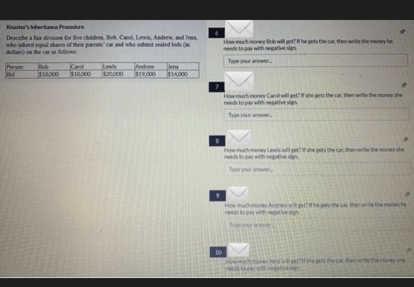 Knaster's Inheritance Procedure
Describe a fair division for five children, Bob, Carol, Lewis, Andrew, and Jena,
who inherit equal shares of their parents' car and who submit sealed bids (in
dollars) on the car as follows:
How much money Bob will get? If he gets the car, then write the money he
needs to pay with negative sign.
Type your answer.
Person
Bid
Bob
$18.000
Carol
$18,000
Lewis
$20,000
Andrew
$19,000
Jena
$14,000
How much money Carol will get? If she gets the car, then write the money she
needs to pay with negative sign.
Type your answer.
8.
How much money Lewis will get? If she gets the car, then write the money she
needs to pay with negative sign.
Type your answer.
How much money Andrew wil get? If he gets the car, then write the money he
needs to pay with negative sign.
Type vour answer.
10
Howmuch money Jena wili get?it she gets the car, then write the money she
needs to pay with negative sign
