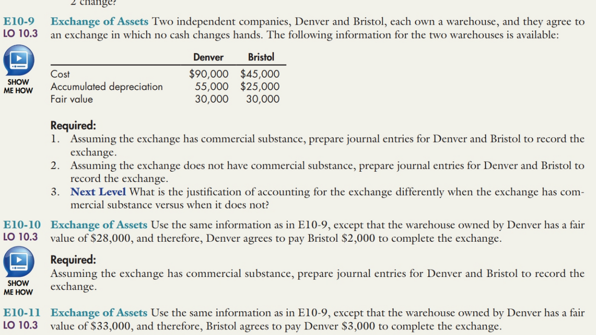 change?
E10-9
LO 10.3
Exchange of Assets Two independent companies, Denver and Bristol, each own a warehouse, and they agree to
an exchange in which no cash changes hands. The following information for the two warehouses is available:
Denver
Bristol
$90,000 $45,000
55,000 $25,000
Cost
SHOW
МЕ HOW
Accumulated depreciation
Fair value
30,000
30,000
Required:
1. Assuming the exchange has commercial substance, prepare journal entries for Denver and Bristol to record the
exchange.
2. Assuming the exchange does not have commercial substance, prepare journal entries for Denver and Bristol to
record the exchange.
3. Next Level What is the justification of accounting for the exchange differently when the exchange has com-
mercial substance versus when it does not?
E10-10 Exchange of Assets Use the same information as in E10-9, except that the warehouse owned by Denver has a fair
LO 10.3
value of $28,000, and therefore, Denver agrees to pay Bristol $2,000 to complete the exchange.
Required:
Assuming the exchange has commercial substance, prepare journal entries for Denver and Bristol to record the
exchange.
SHOW
МЕ HOW
E10-11 Exchange of Assets Use the same information as in E10-9, except that the warehouse owned by Denver has a fair
value of $33,000, and therefore, Bristol agrees to pay Denver $3,000 to complete the exchange.
LO 10.3
